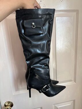 Black Over-the-Knee Pointed Stiletto Boots with Pocket Detail